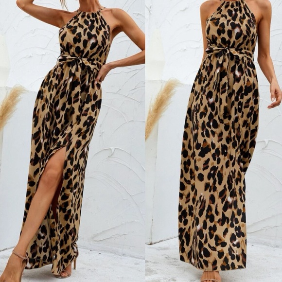 Boho green  leopard print halter maxi dress - Picture 7 of 9
